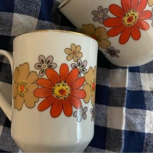 Set of 2 Vintage 1970's Floral Mugs by Creative Japan Orange and Brown